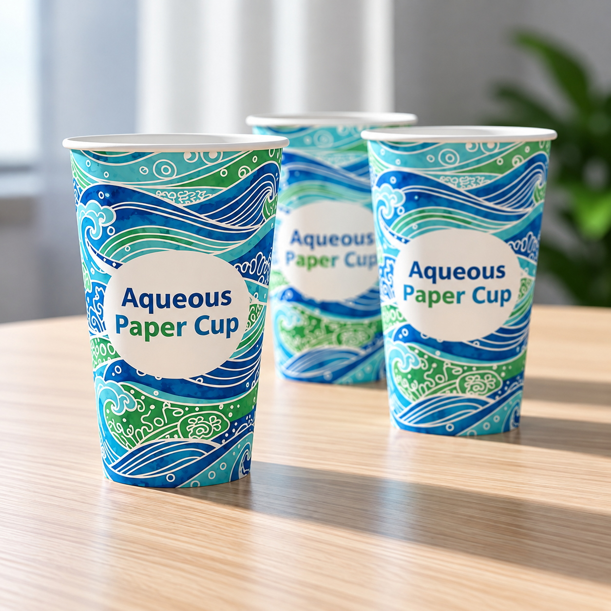Aqueous coated paper cups with blue and green water-based coating design