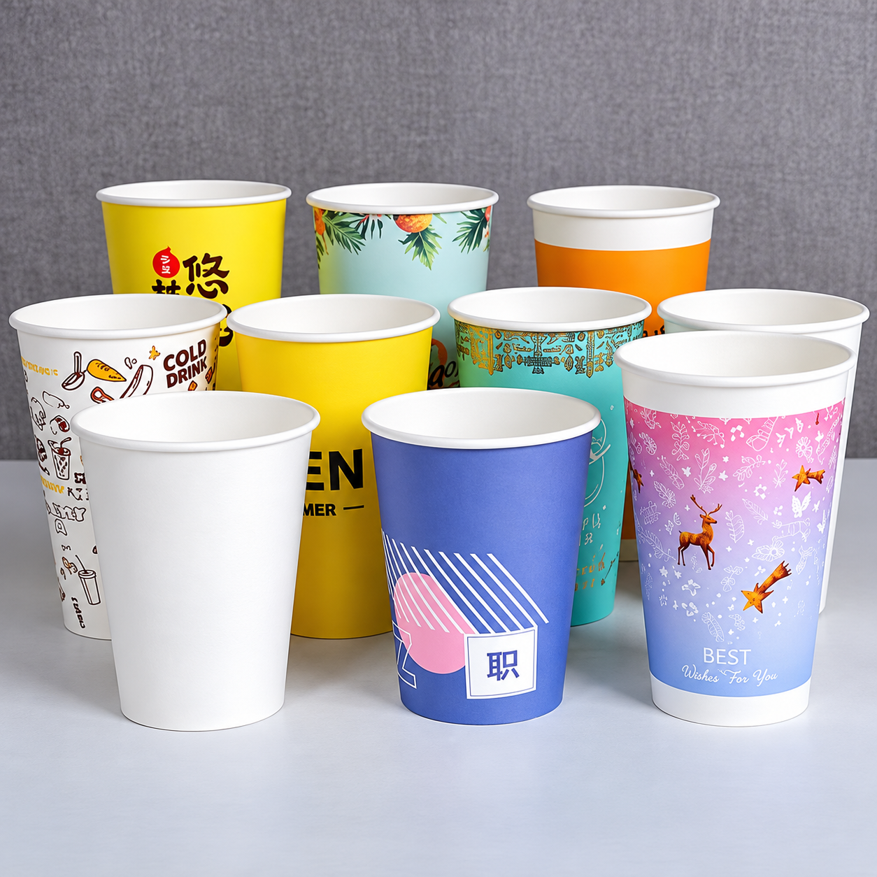Assorted custom printed paper cups with different colors, patterns and solid designs