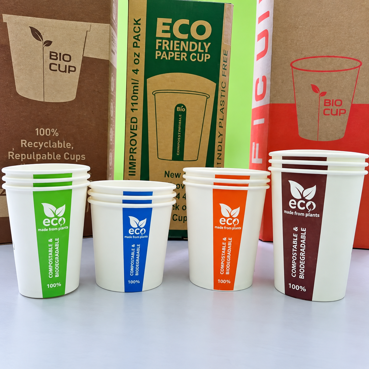 Compostable and biodegradable paper cups with packaging for exact SKU certification status