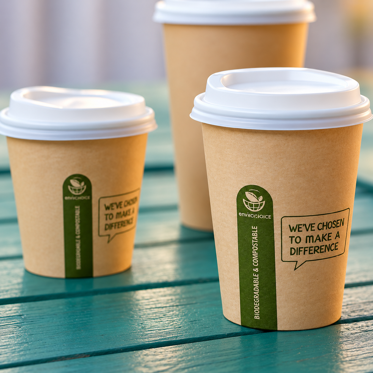 Paper cups printed with biodegradable and compostable environmental claim wording