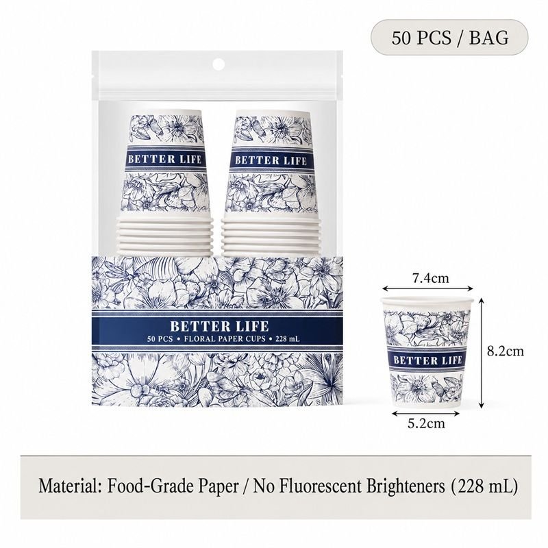 Blue floral paper cups 228ml 50 pack