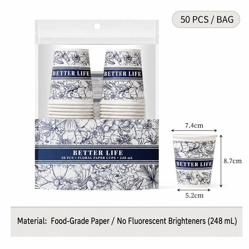 Blue floral paper cups 248ml 50 pack