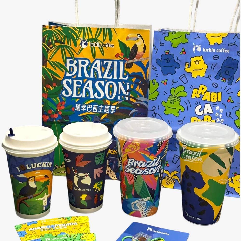 brazil season branded paper cups and shopping bags