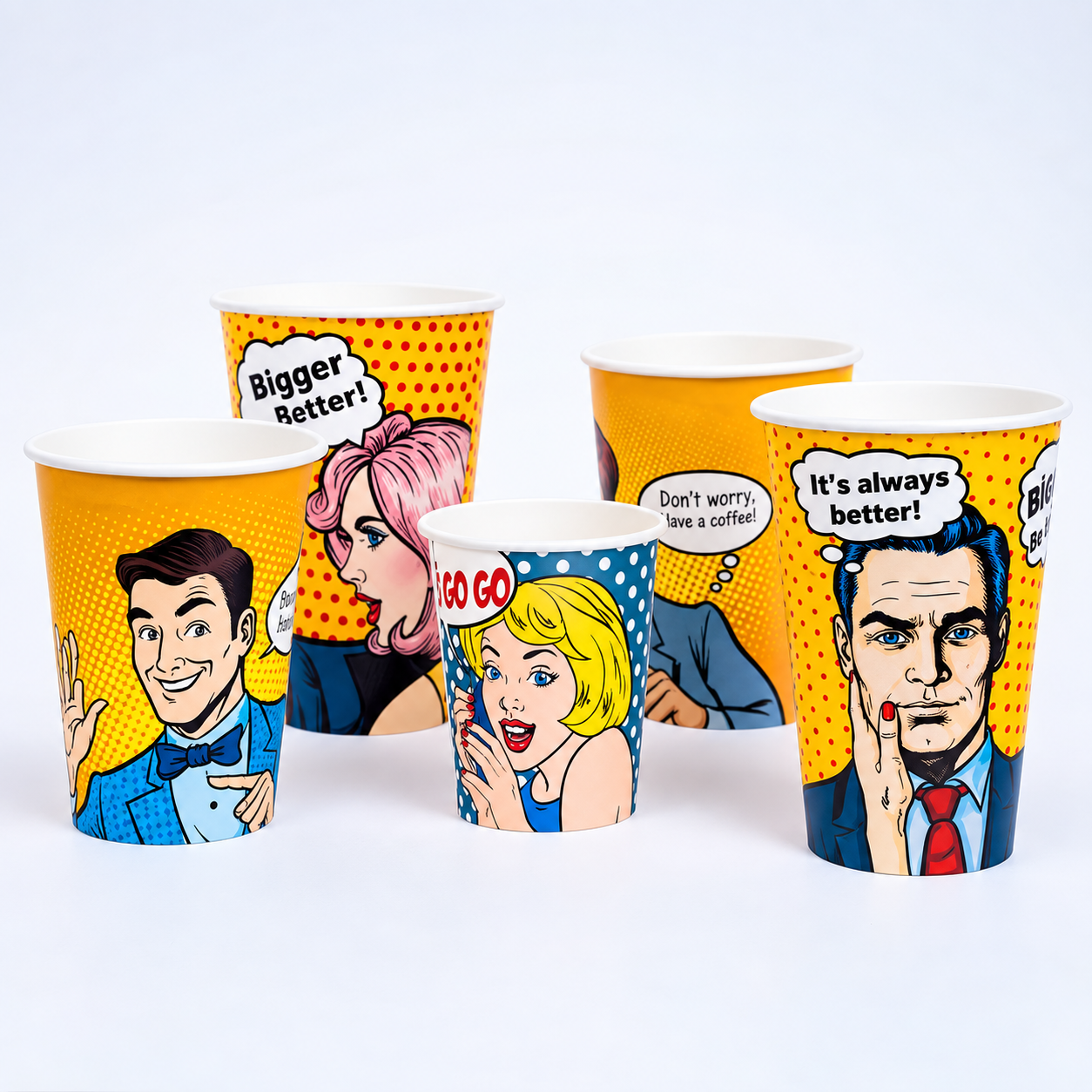 Bright pop art printed paper cups showing bold colors and graphic artwork