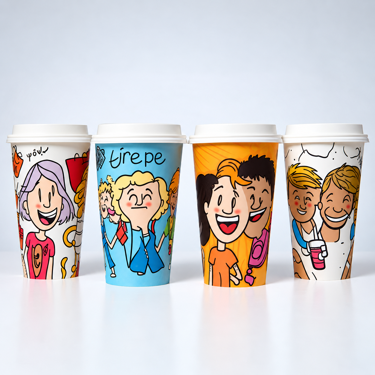 Cartoon printed paper cups with lids showing multi-color registration and line artwork