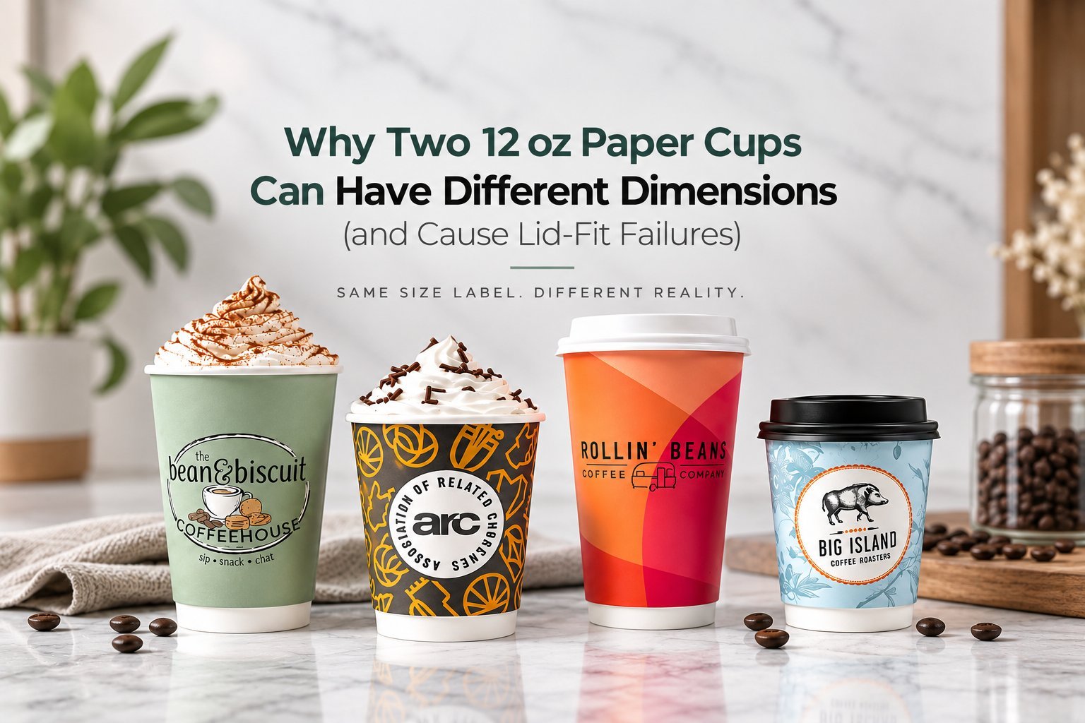 Why Two 12 oz Paper Cups Can Have Different Dimensions — four branded paper cups side by side