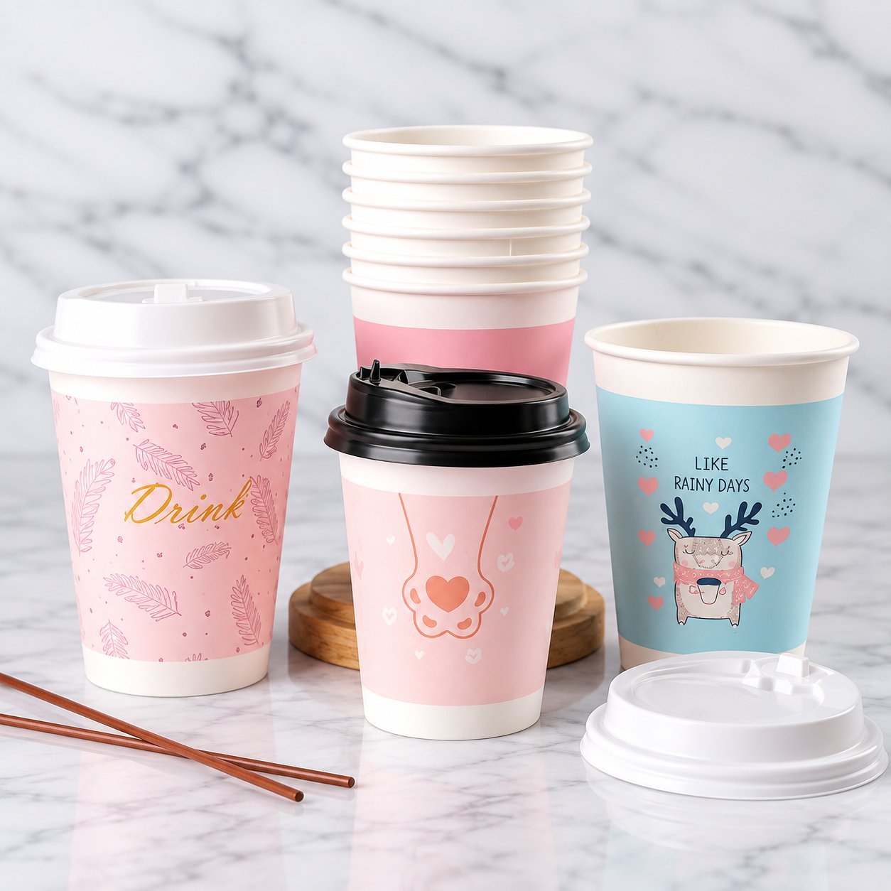 Custom-printed paper cups in different sizes with lids seated.