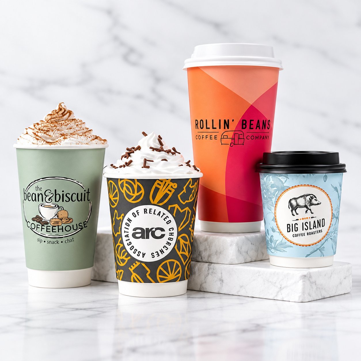 Four different branded paper cups showing visual variety at the same labeled size.