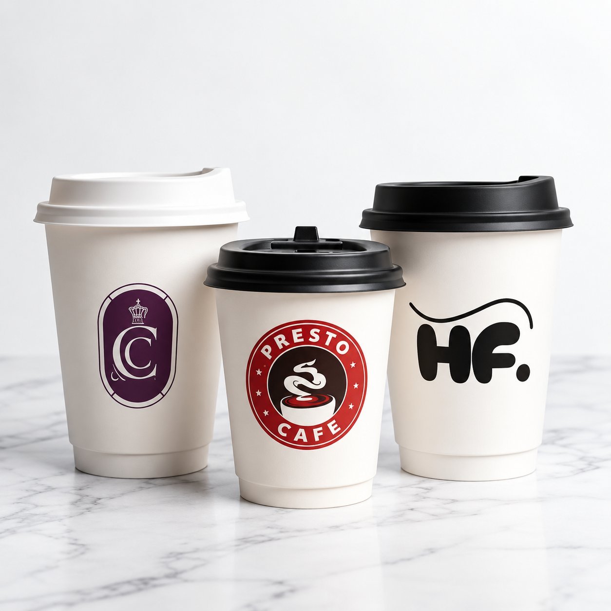 Three plain white paper cups fitted with three different paper cup lid styles.