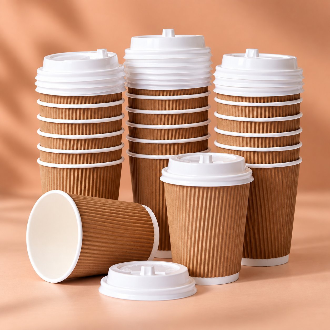 Stacks of corrugated ripple-wall kraft paper cups with white sip lids.