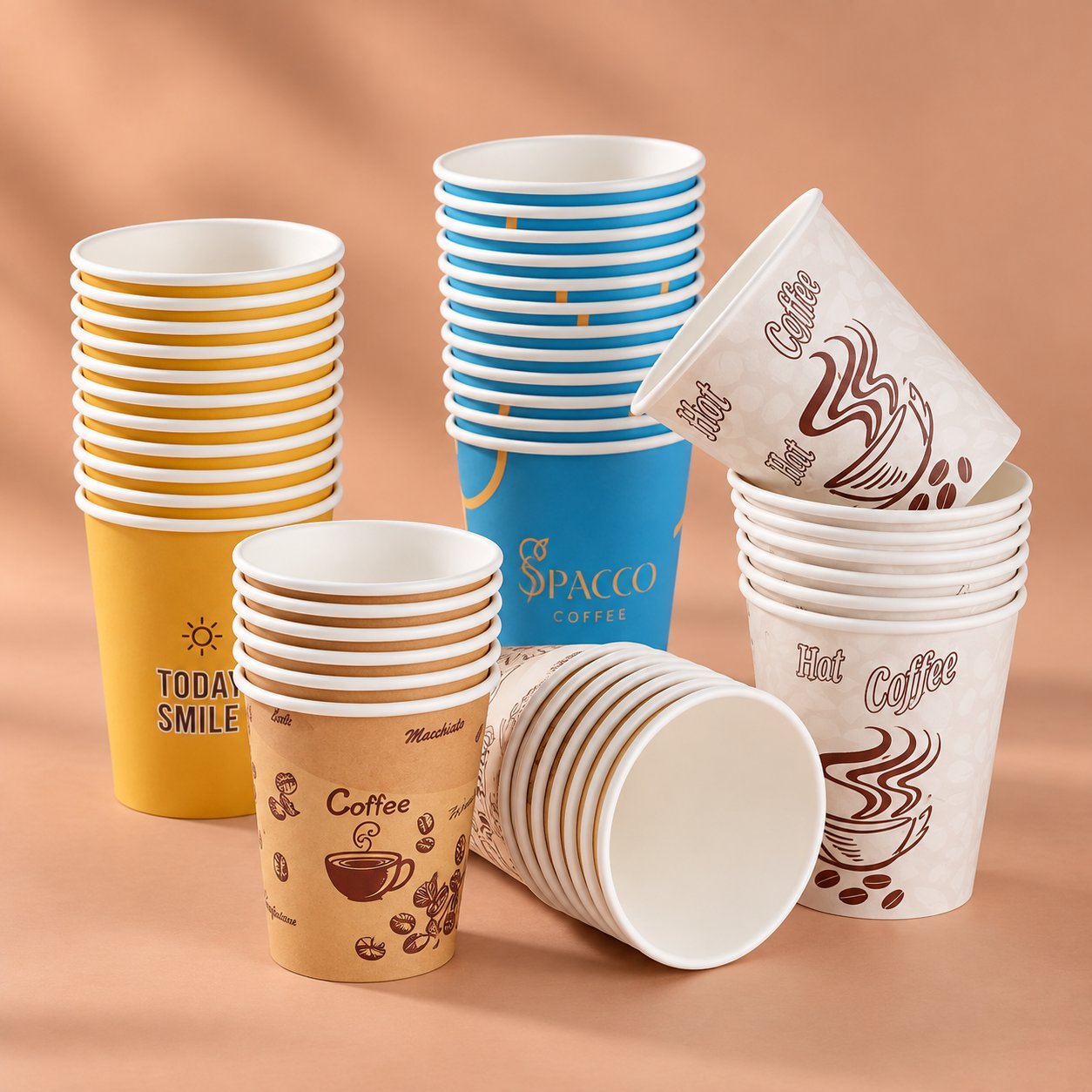 Branded paper cups in different colors and finishes, illustrating how cup specs vary at the same nominal volume.