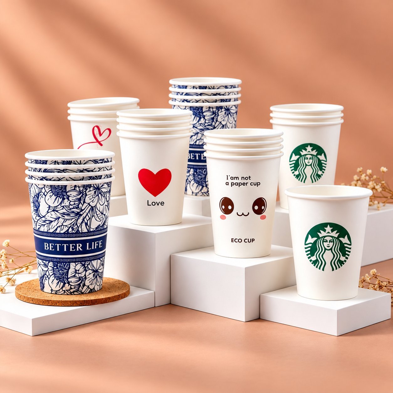 Custom-printed single-wall paper cups with different brand artwork and finishes.