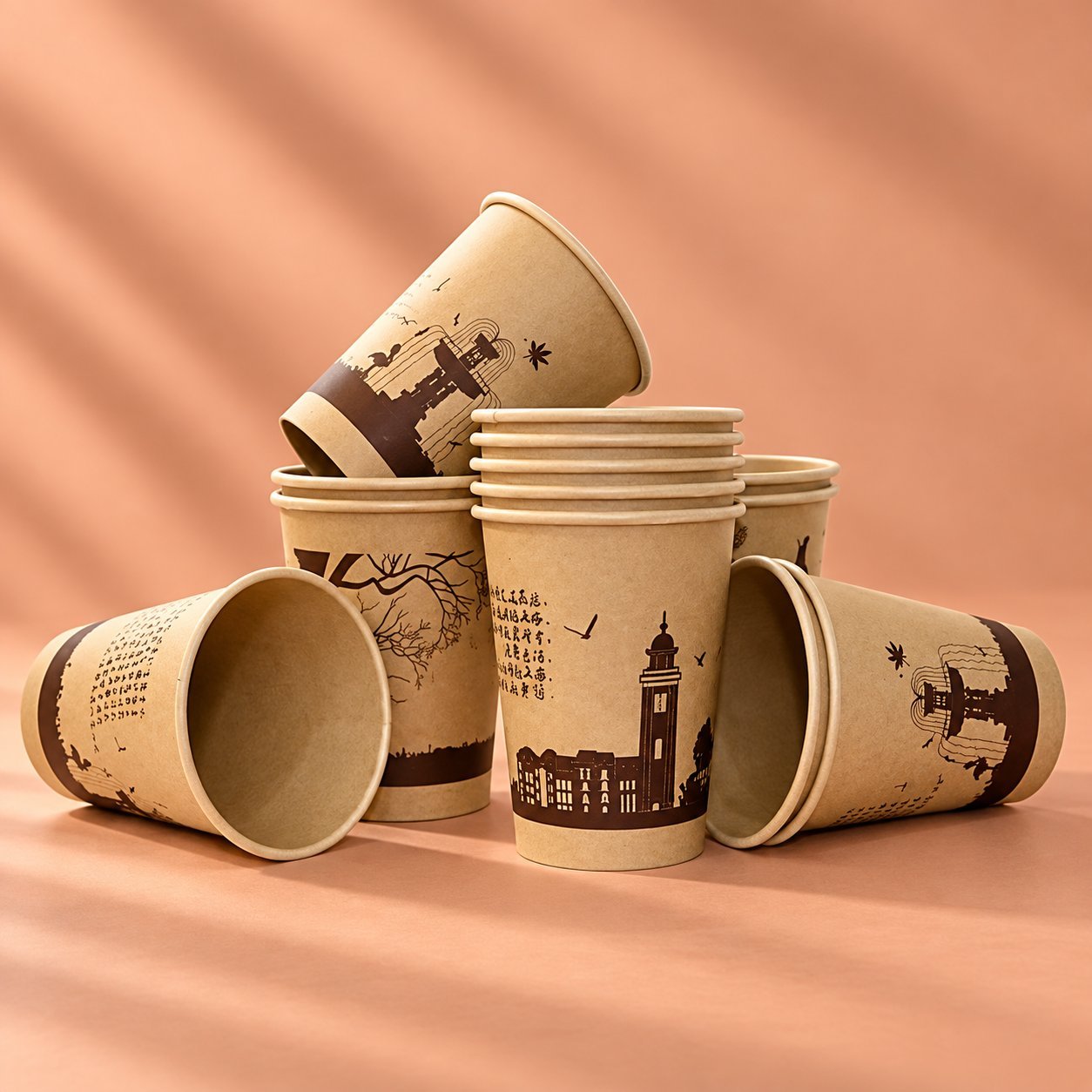 Kraft paper cups with custom cityscape artwork and full-wrap printing.
