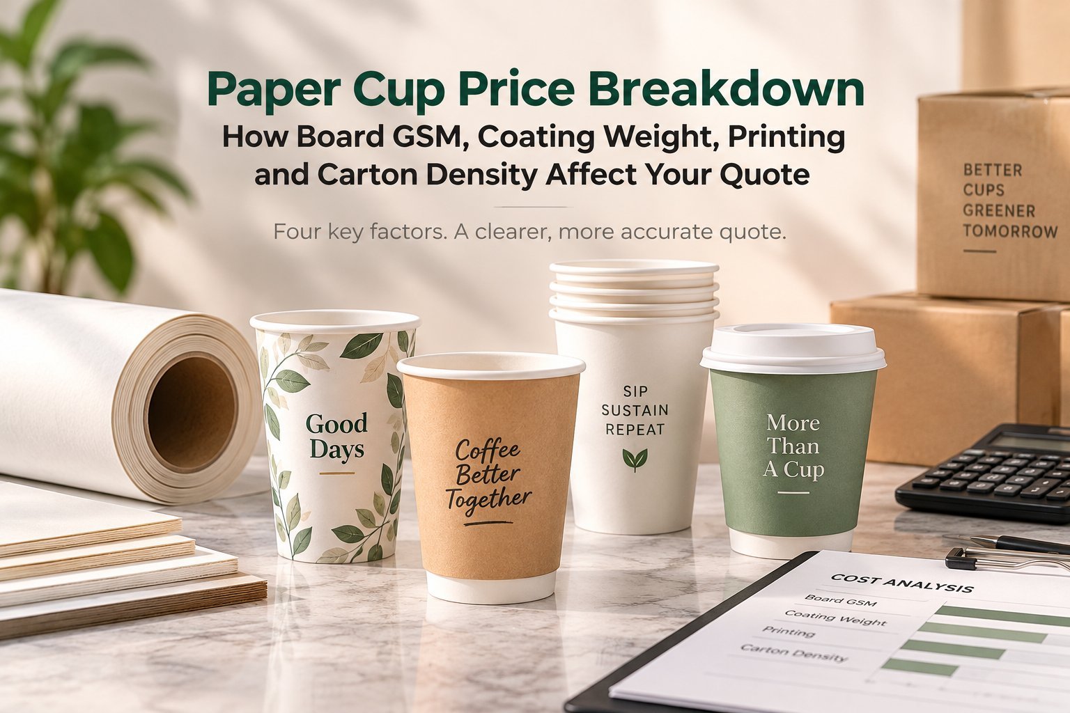 Paper cup price breakdown featured image showing lineup of cups with cost analysis.