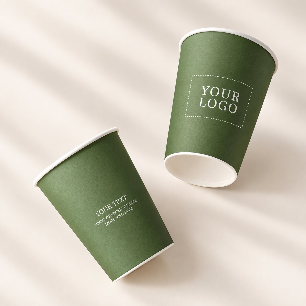 Two green paper cups with single-color full-coverage print, illustrating one-plate flexo output.