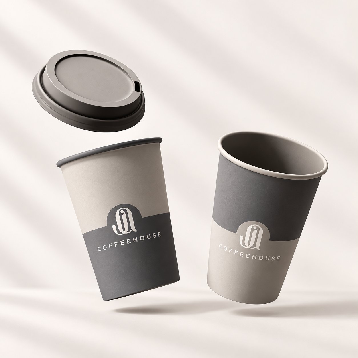 Two-tone gray paper cups with lid, showing a two-color full-graphic print example.