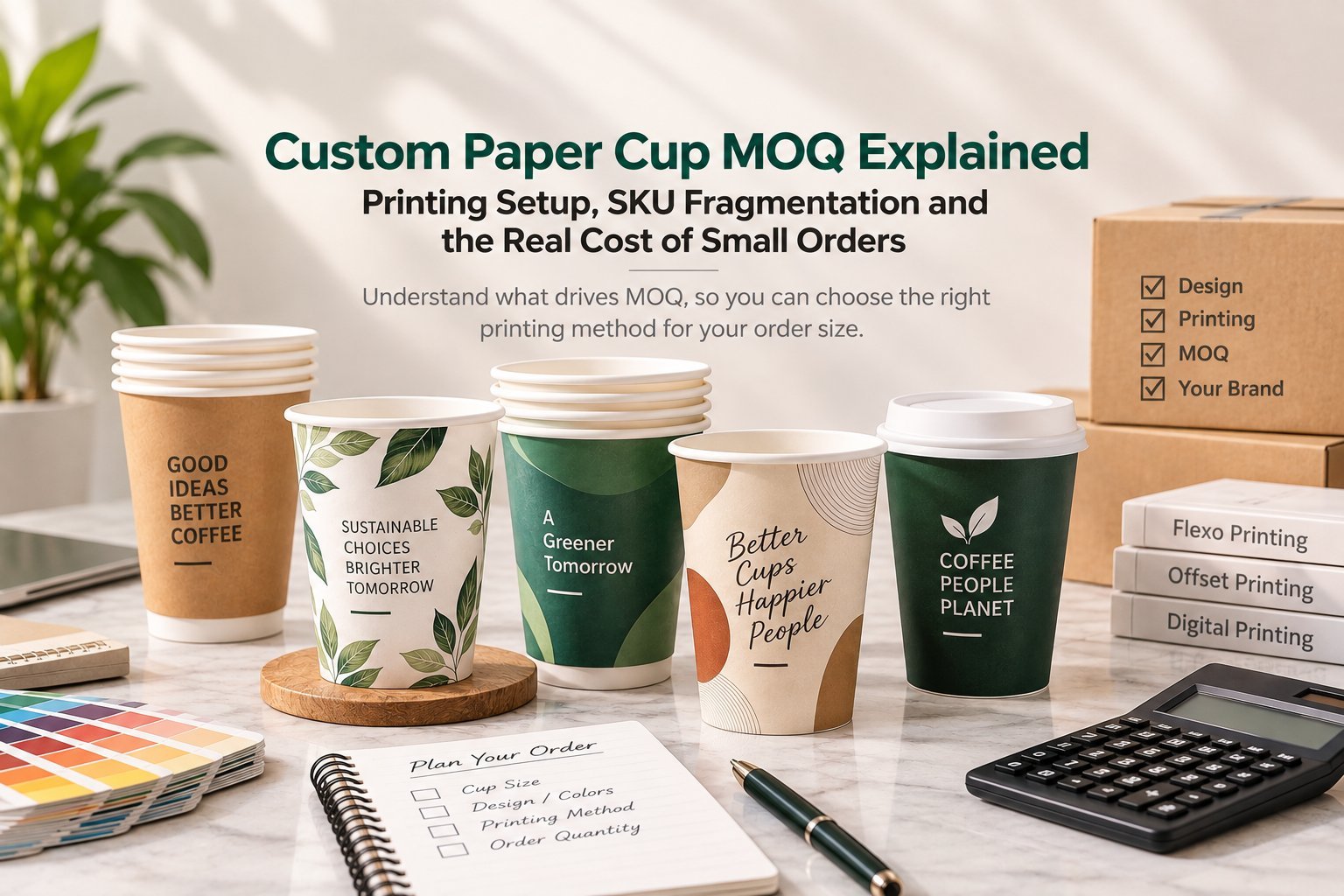 Custom paper cup MOQ explained featured image with multiple printed cups and Flexo/Offset/Digital printing stack.