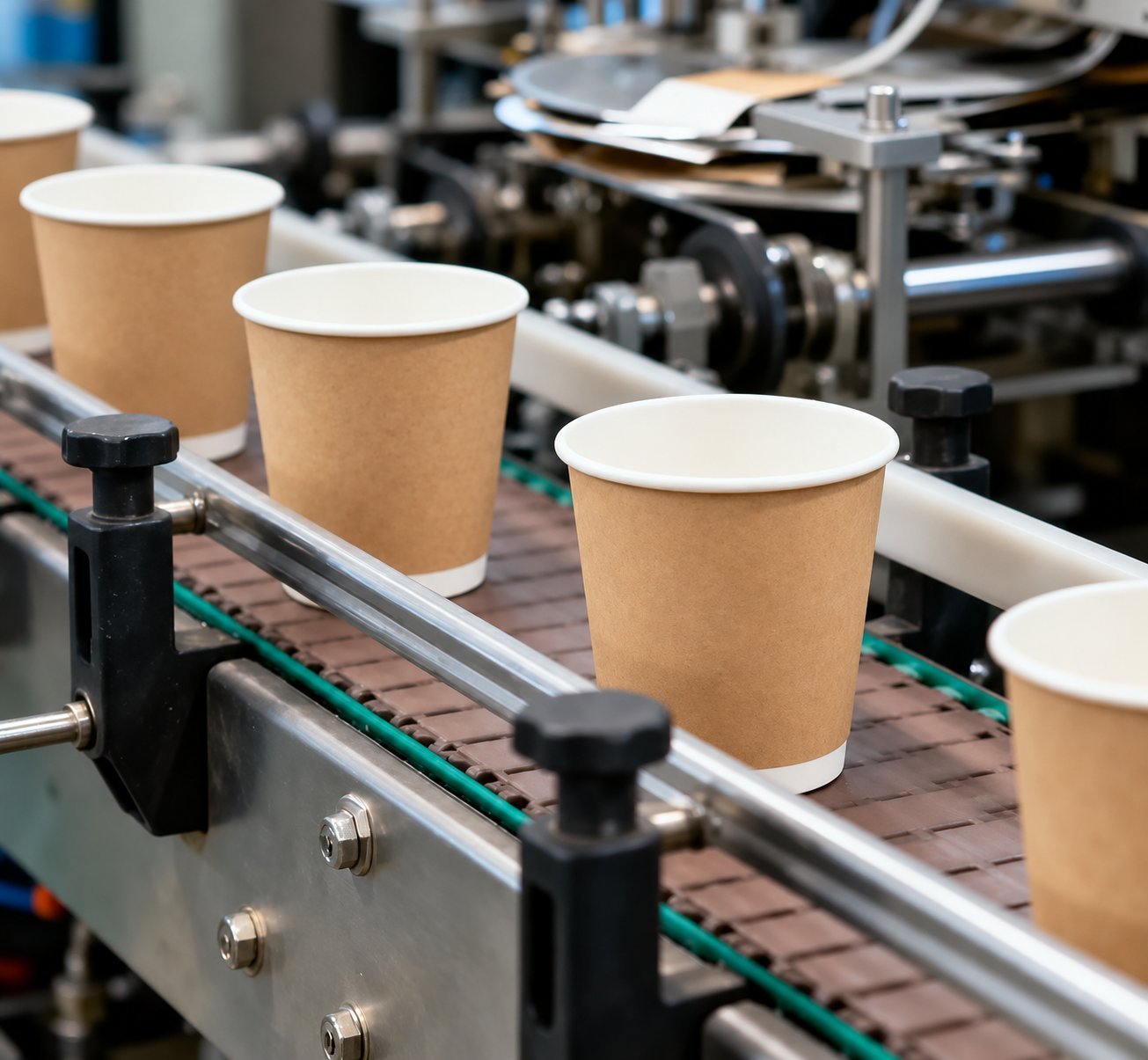 Kraft paper cups moving along a production line conveyor, illustrating in-line forming capacity.