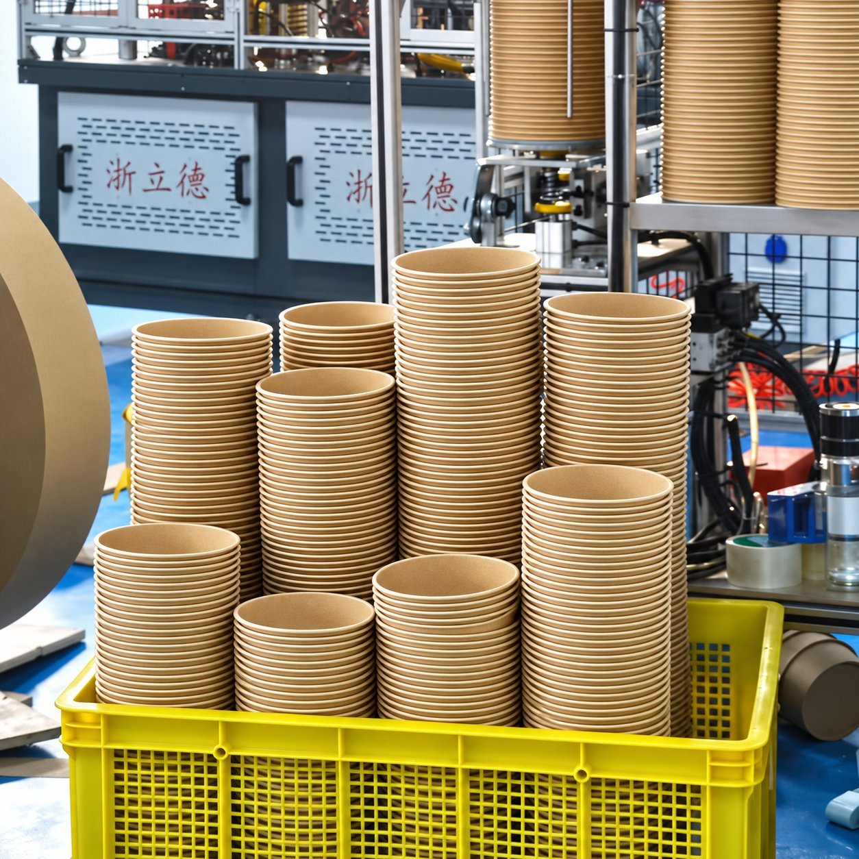 Stacked kraft paper cup blanks in a yellow crate next to a paperboard machine, showing raw material inventory on the production floor.