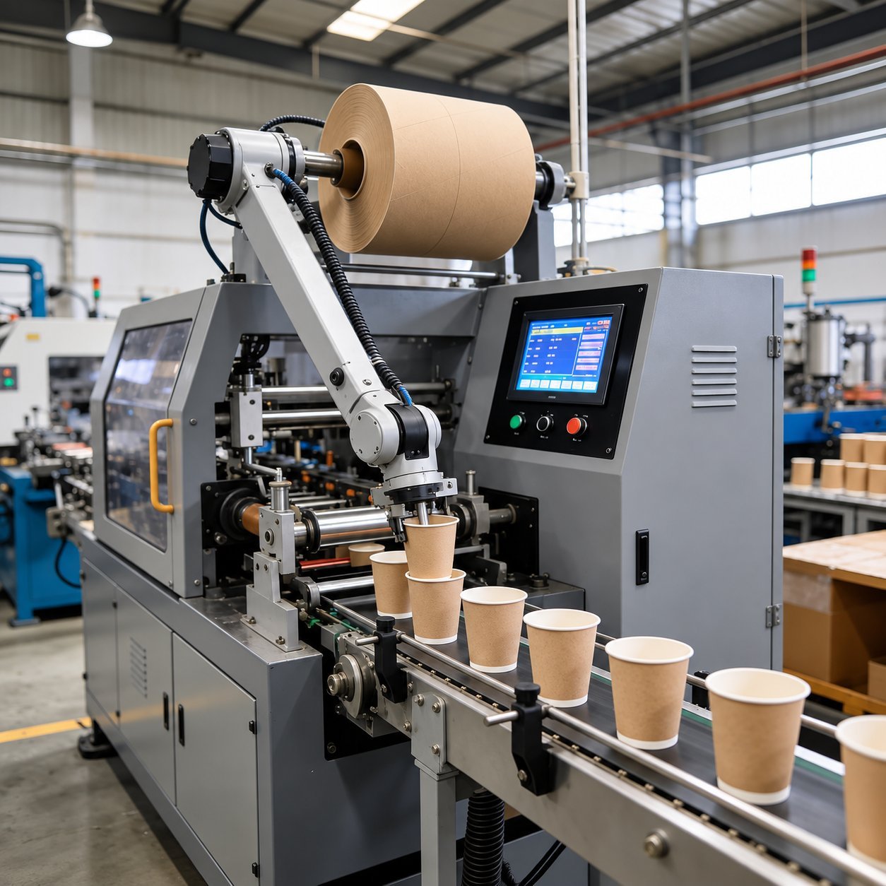 Paper cup forming machine with paperboard roll and HMI control screen, showing owned production equipment.