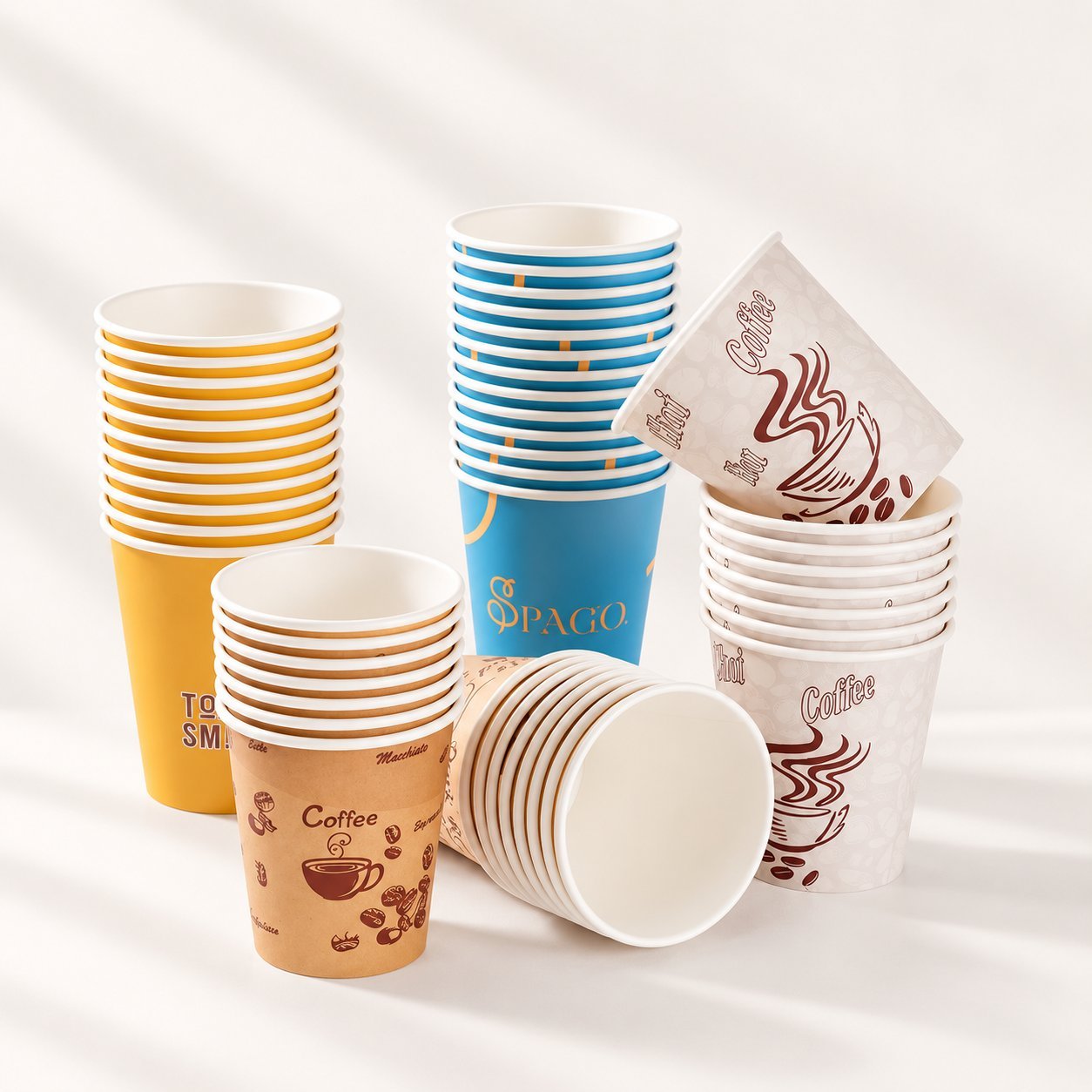 Assorted finished paper cups with different printing finishes and color counts, showing the variety a buyer might order.