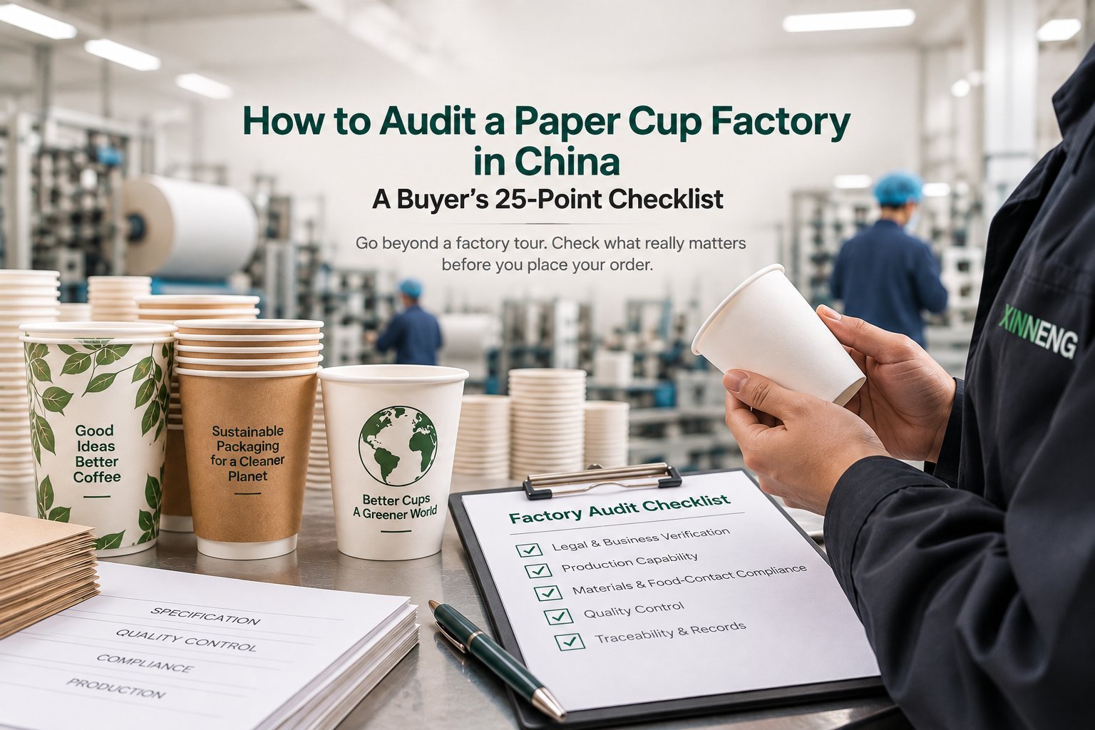 Factory audit checklist featured image with buyer holding clipboard, sample cups and factory floor in background.