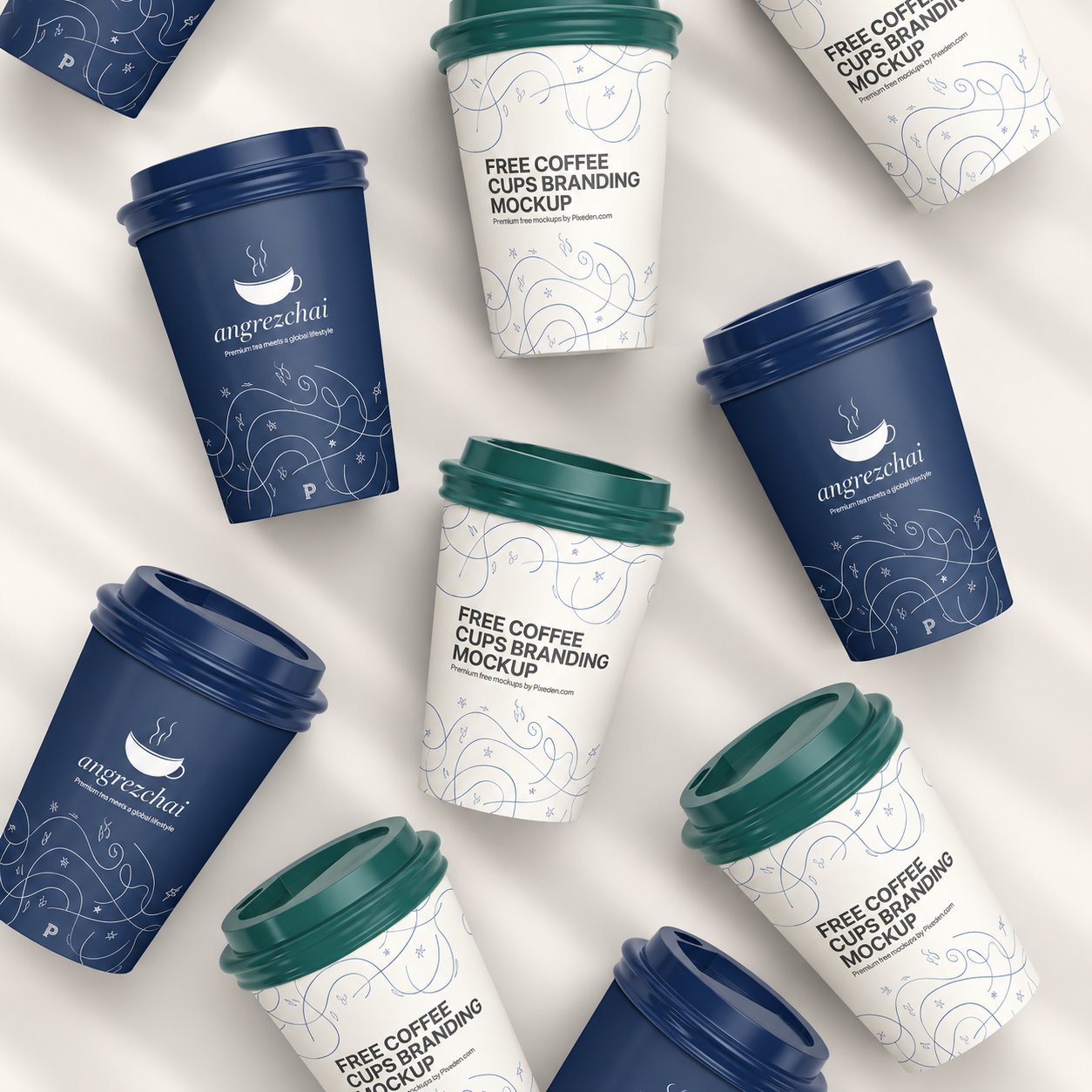 Multiple branded coffee cup mockups with FREE COFFEE CUPS BRANDING and angrezchai designs scattered, showing how finished artwork translates to physical cups.