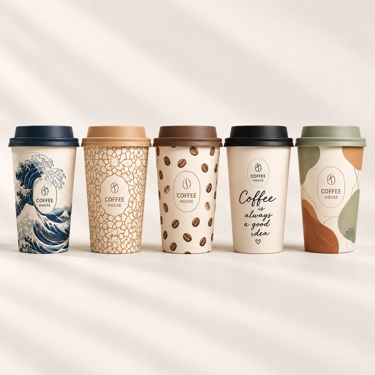 Five finished paper cups with different print finishes including wave art, geometric pattern, coffee beans, script text and organic shapes, illustrating the variety a single factory run can produce.