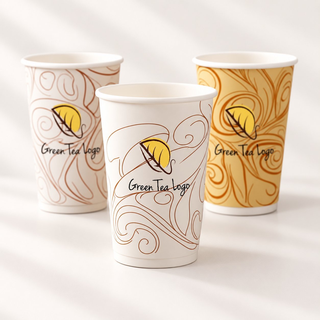 Three finished paper cups with Green Tea Logo leaf design in white and kraft variants, showing completed product ready for final packing and container loading.
