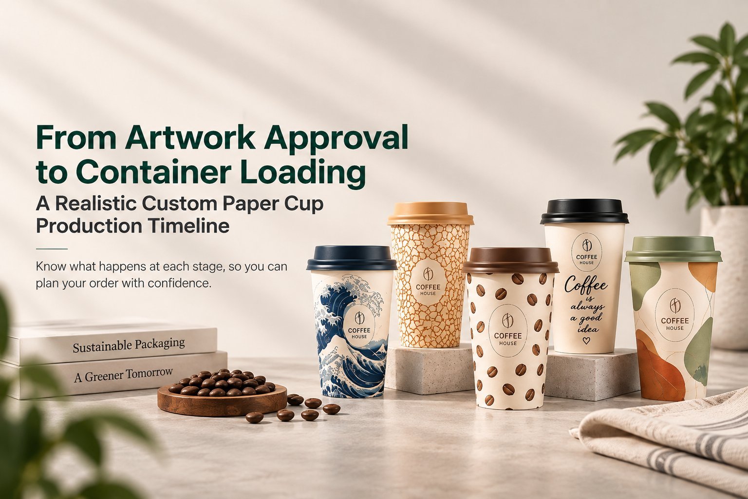 From Artwork Approval to Container Loading featured image with headline, coffee beans and five printed paper cups displayed on counter.