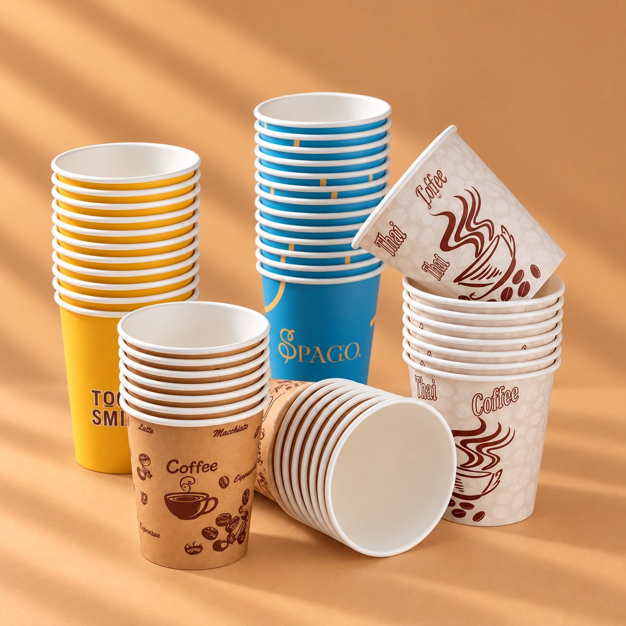 Multiple single-wall paper cups in different brand designs and colorways, showing the breadth of what single-wall printing supports across a product family.