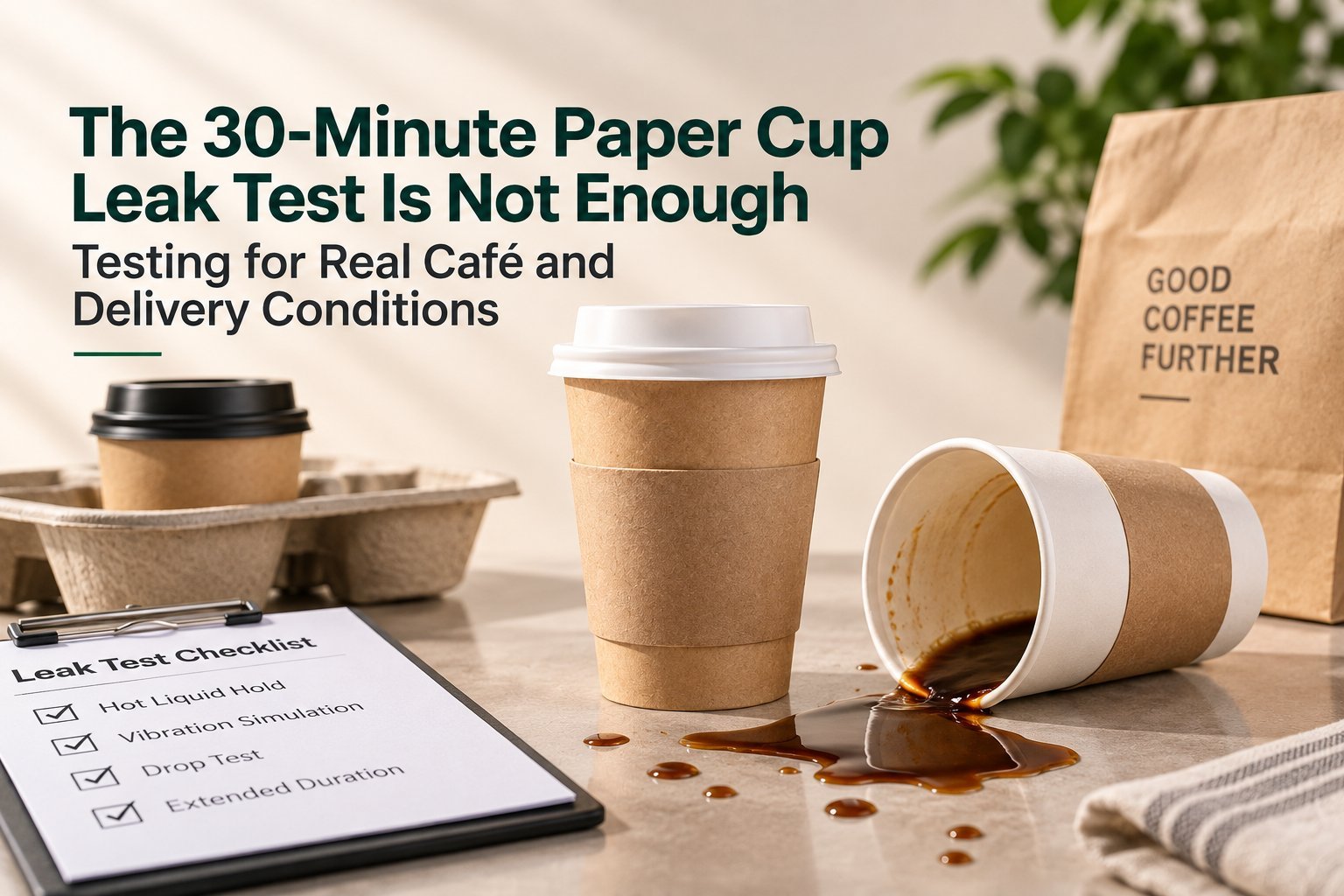 Featured image for the 30-minute paper cup leak test article showing a kraft cup, a tipped cup spilling coffee, a takeaway bag, and a leak-test checklist with hot liquid hold, vibration simulation, drop test and extended duration items ticked off.