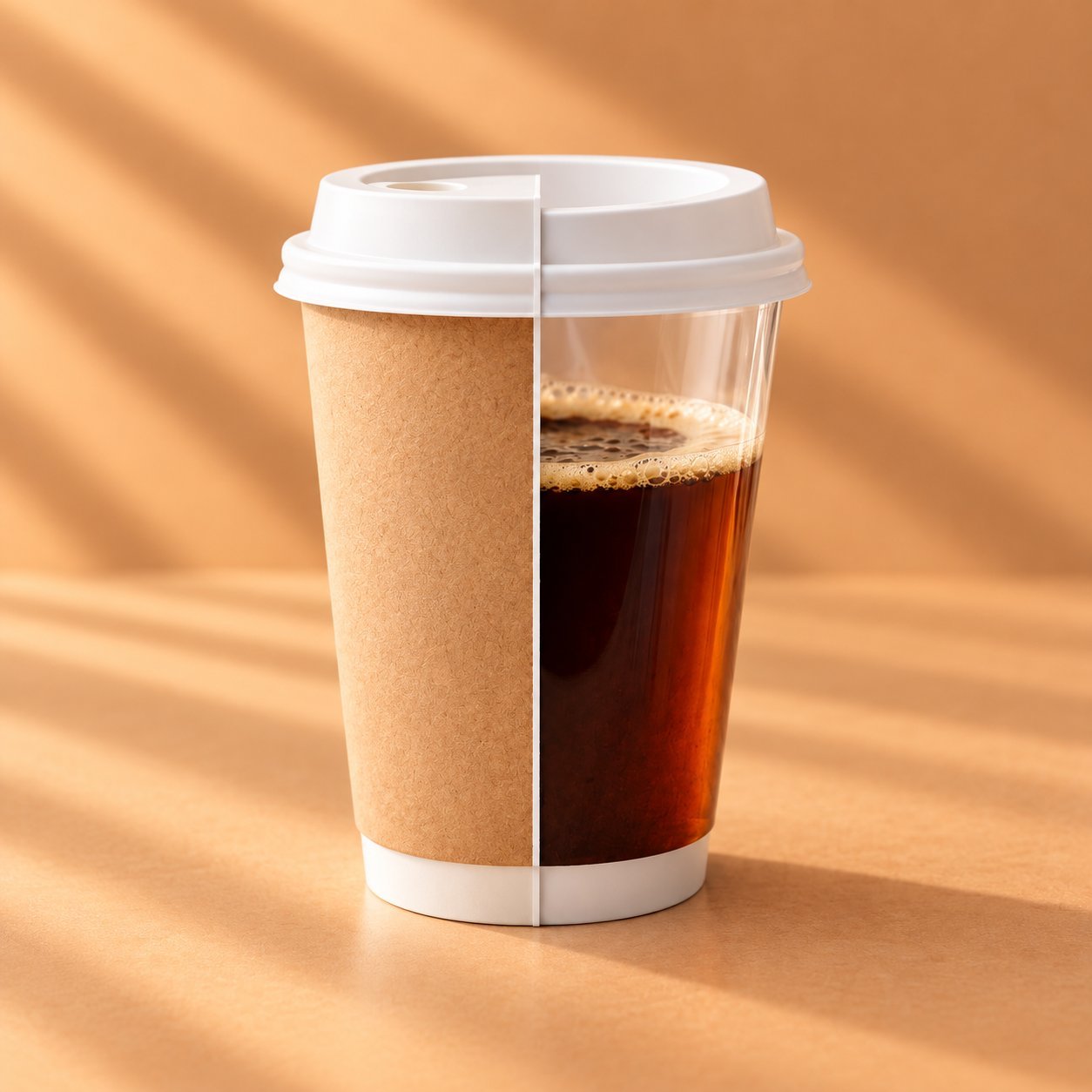 A paper cup split visually between a kraft paper outer layer and a clear inner liner, showing the basic single-wall construction that a quick counter test starts from.