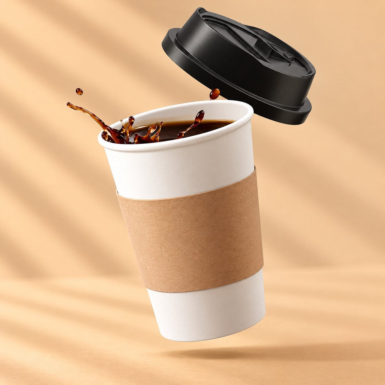 A paper cup with kraft outer and clear inner liner, lidded and filled with hot black coffee — the simple counter-test scenario where a static hold is checked for visible leaks.