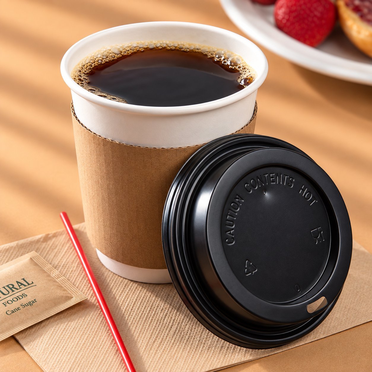 A kraft paper cup with a kraft sleeve and a black sip lid lifted off, with hot coffee splashing out — the kind of slow seam or lid-seal failure that only surfaces once a cup is held under sustained heat.