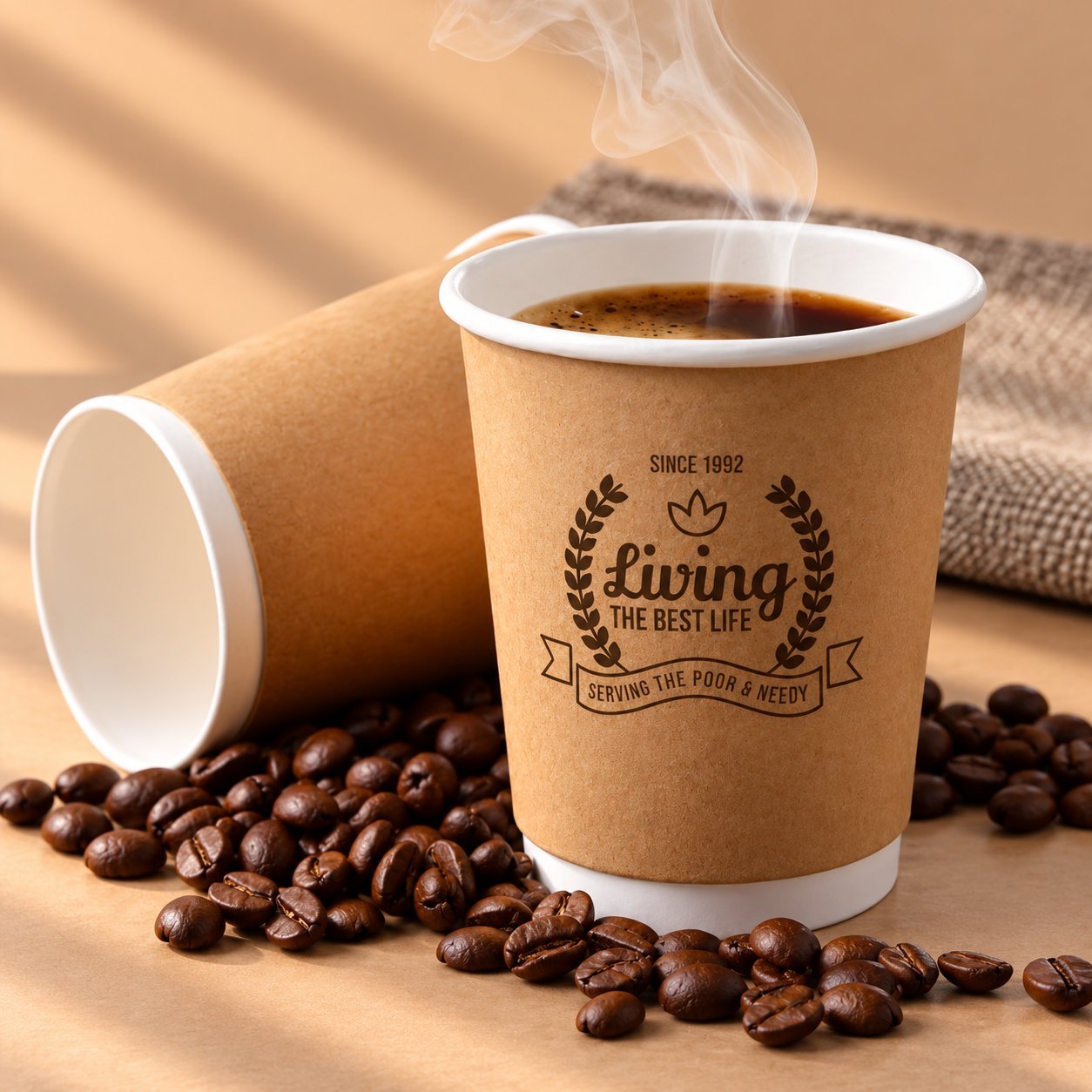 A kraft paper cup with a kraft sleeve and black sip lid reading 'CAUTION CONTENTS HOT', set on a café table with a red straw and a cane-sugar packet — representing the hot-beverage service condition an extended leak test is built for.