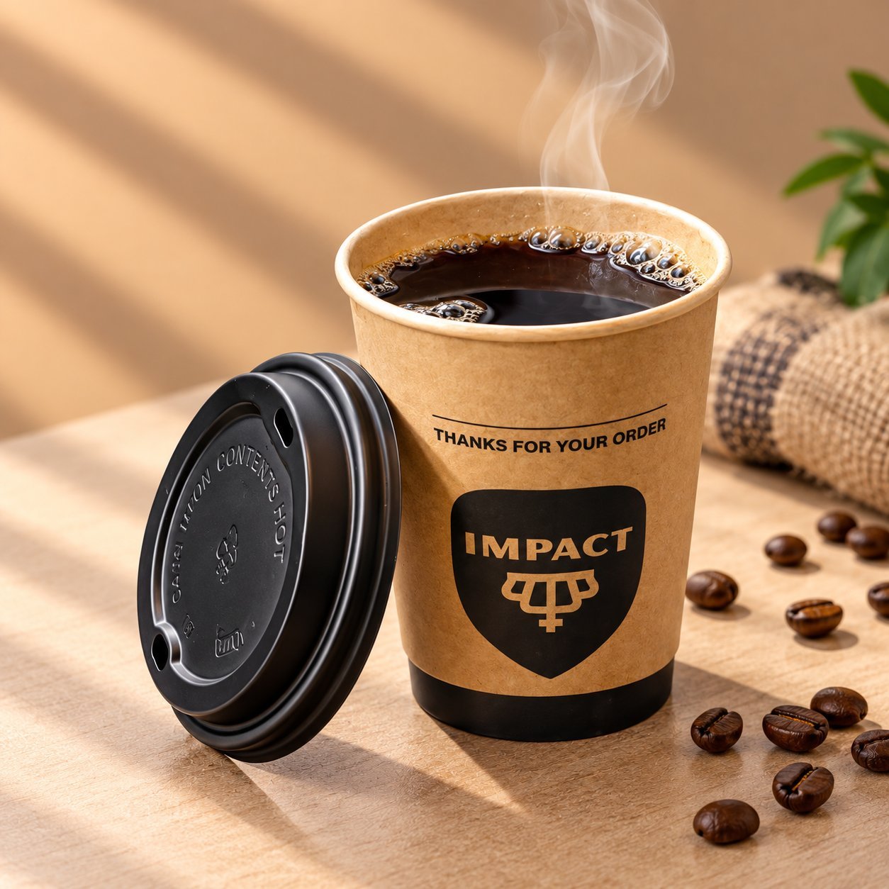 Two kraft paper cups branded 'Living The Best Life' with steam rising, surrounded by coffee beans — a branded hot-beverage serve that an extended leak test checks over hours, not minutes.