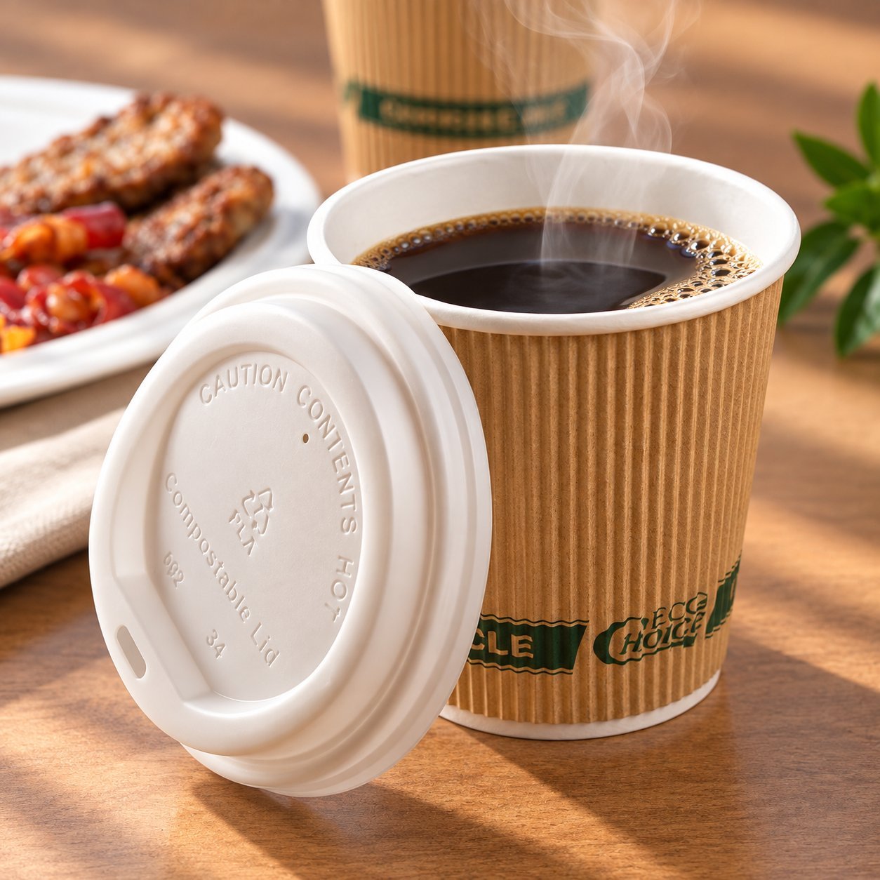 A kraft paper cup branded 'IMPACT' with the lid set beside it on a wood surface, steam rising from the hot coffee inside, surrounded by coffee beans — the cup-and-lid combination that transit-stress testing is designed to verify.