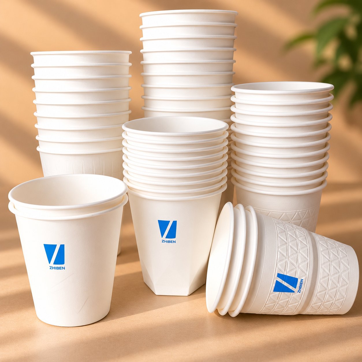A range of white paper cups in several sizes, stacked and standing on a neutral background with a branded ZHIBEN logo, showing how the same cup family is sold across volumes — useful context when a buyer compares board weight options.