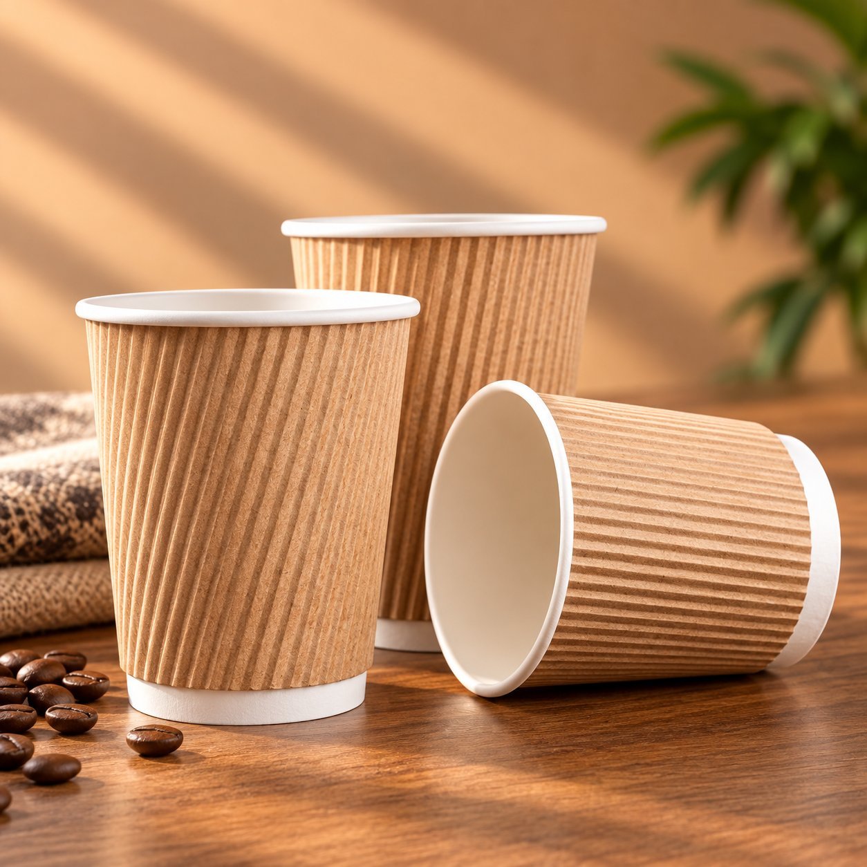 Three kraft corrugated ripple-wall paper cups on a wood surface with coffee beans nearby, showing the layered wall construction a heavier board can deliver — one option for buyers comparing stiffness and moisture resistance.