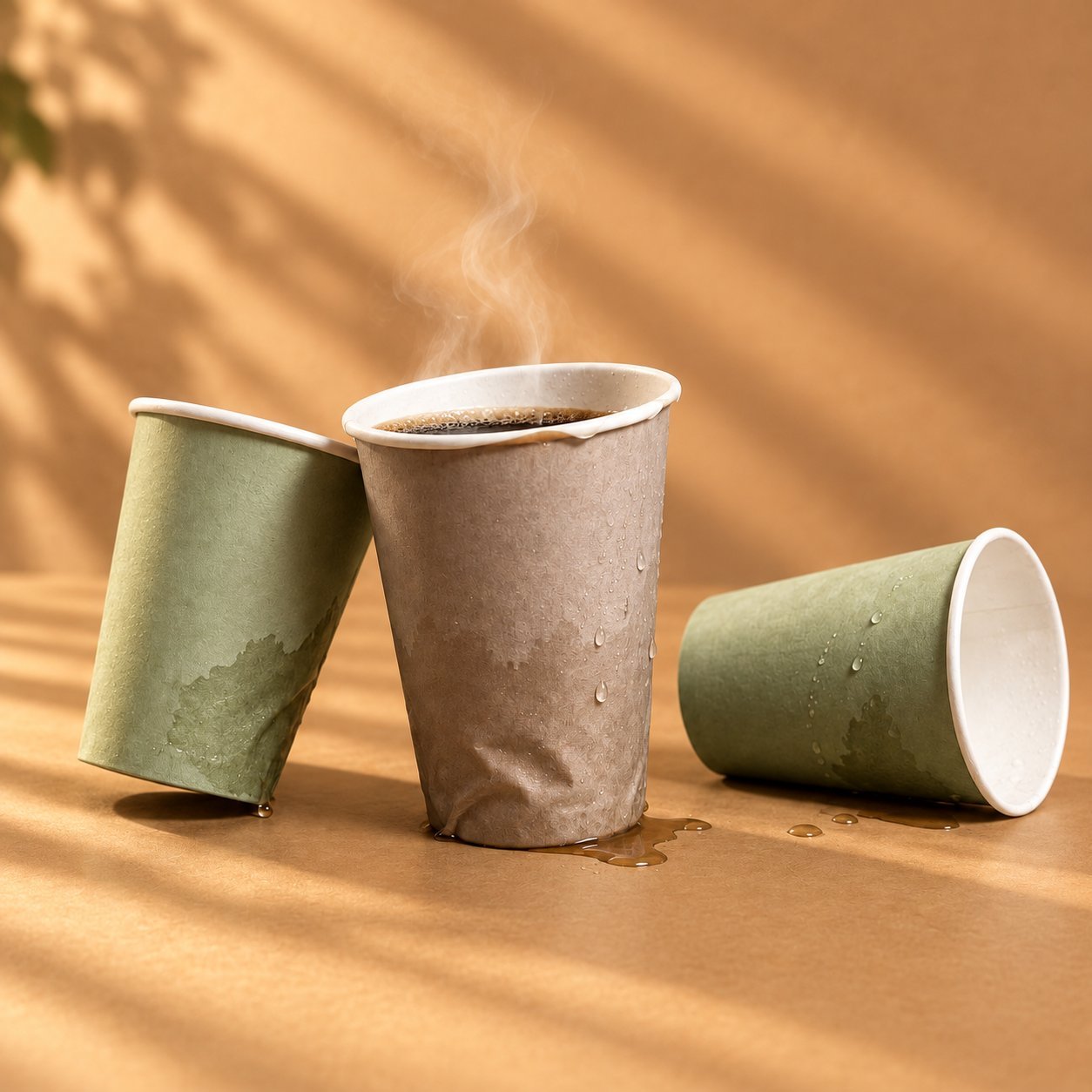 Three paper cups — two green and one brown — that have visibly softened and lost their shape, with liquid pooling at the base and dripping down the sides — the failure mode that shows up after moisture migrates through a coating gap over time.
