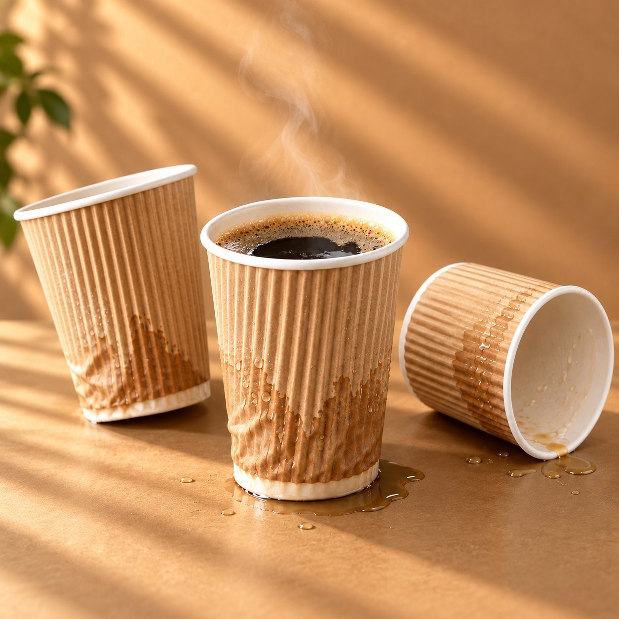 Three kraft corrugated paper cups, one filled with hot black coffee, all showing visible moisture soak-through and softening at the lower wall where hot liquid has dwelled — the exact failure a 90–95°C extended hold produces.