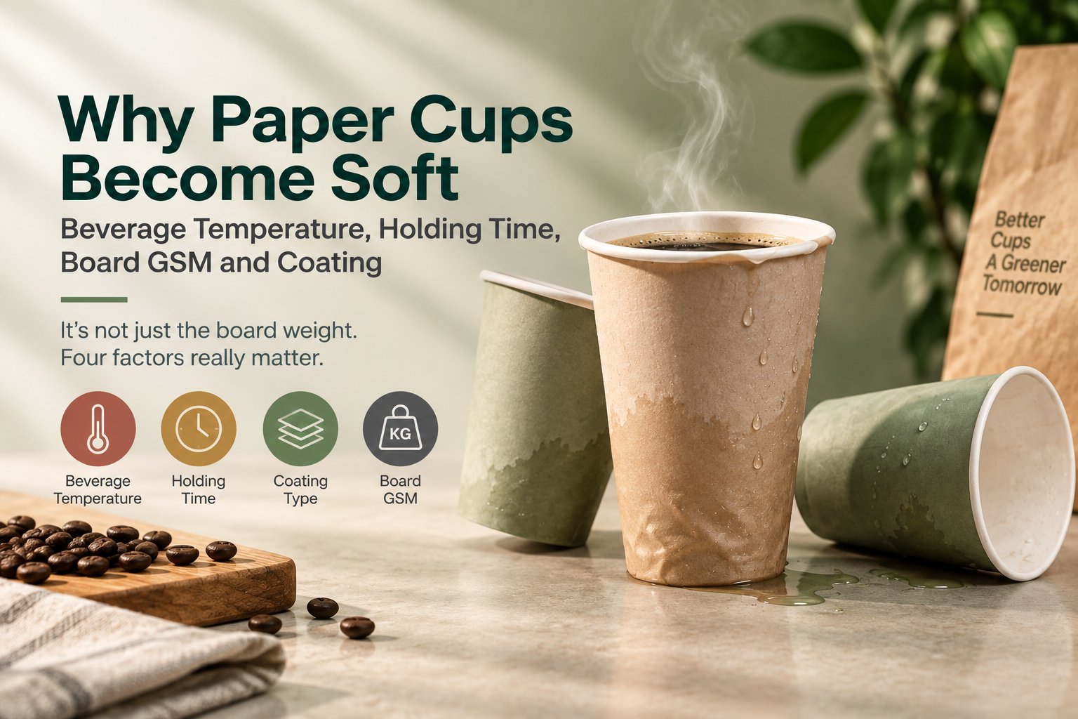 Featured image for the soft-cup article, with the headline 'Why Paper Cups Become Soft: Beverage Temperature, Holding Time, Board GSM and Coating', the lede 'It's not just the board weight. Four factors really matter.', and four labelled icons for Beverage Temperature, Holding Time, Coating Type and Board GSM, alongside a soft kraft cup with visible moisture soak-through and coffee beans.