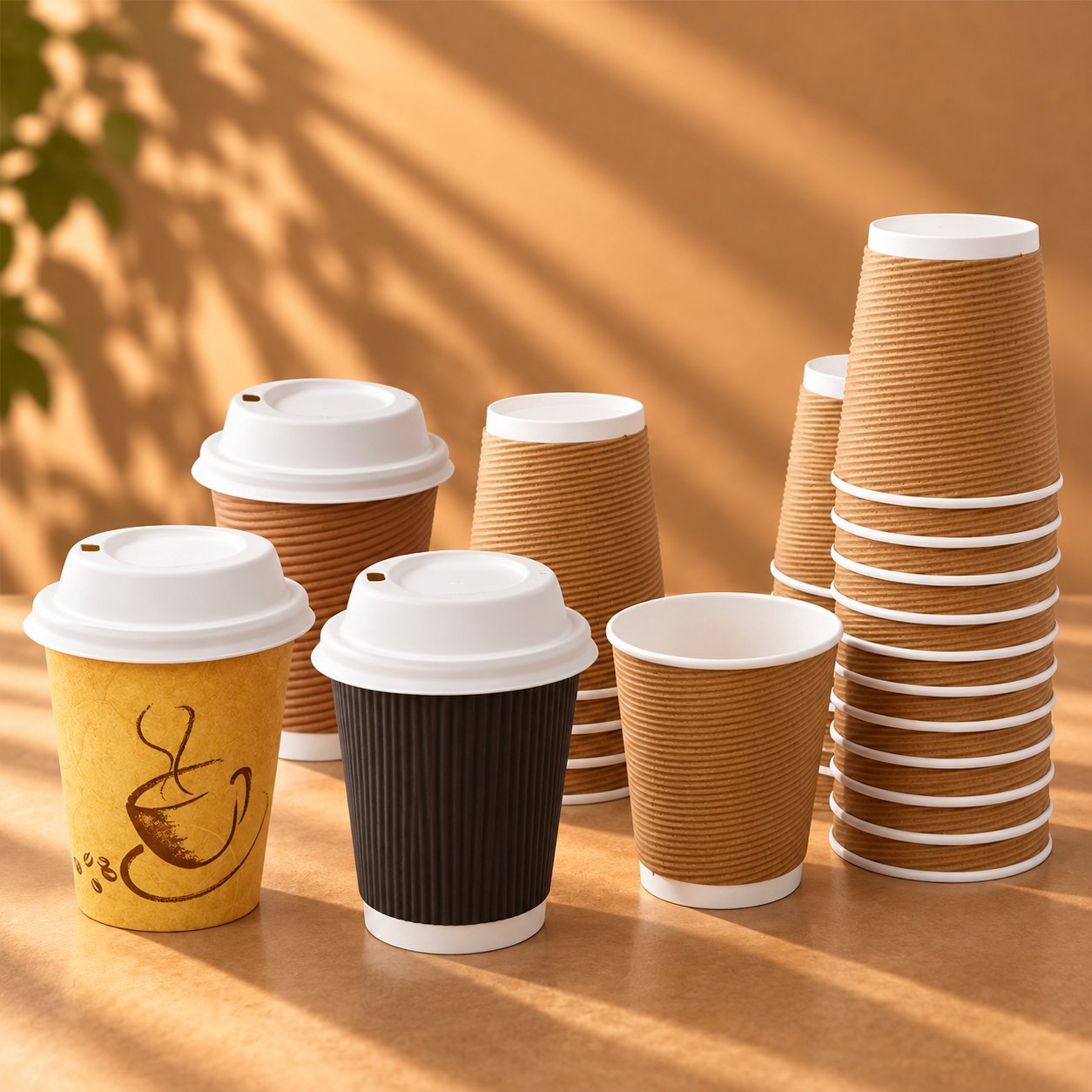 A lineup of kraft paper cups in multiple sizes — some plain, some printed, one with a white sip lid, one with a domed lid, and open-topped sleeves stacked behind — illustrating how cup size and lid style both affect the seal around the rim.