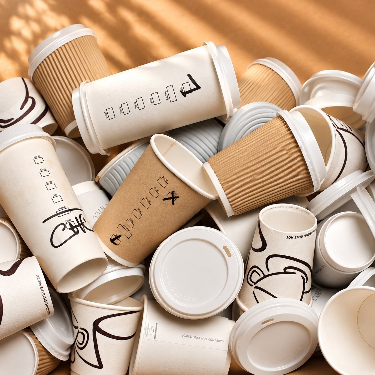 A jumbled pile of used kraft and printed paper cups with assorted lids and printed marks, with seams visible on the cup walls — a real-world production-run look that argues for pulling test cups from different positions in the stack, not just the top.