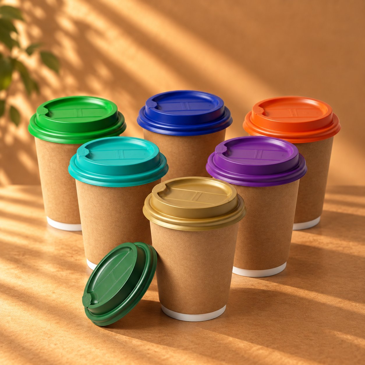 Six kraft paper cups with brightly colored sip lids — green, blue, orange, teal, gold, and purple — plus a loose green lid resting on the surface, illustrating how the same cup family pairs with different lid materials and how each pairing creates a slightly different seal around the rim.