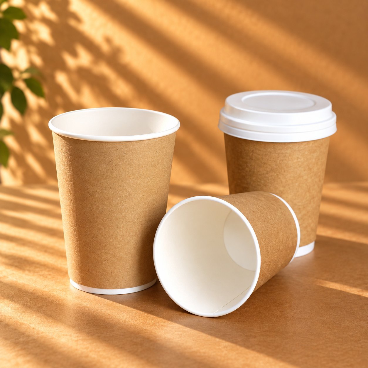 Three plain kraft paper cups in different sizes on a kraft surface, one upright and empty, one with a white sip lid seated on the rim, and one tipped on its side showing the inside — the rim diameter and curl profile you actually need to check before approving a lid pairing.