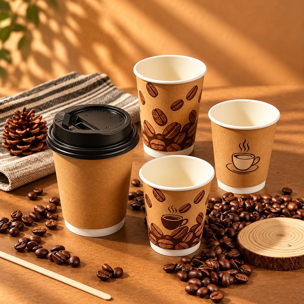 Coffee beans scattered around three branded kraft paper cups with coffee-bean and coffee-cup prints, one sealed with a black sip lid, alongside a pinecone and a wooden coaster — the test bench setup you'd build for an at-temperature compatibility test on your actual beverage.