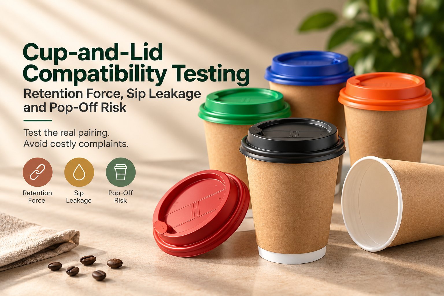Featured image for the cup-and-lid compatibility article, with the headline 'Cup-and-Lid Compatibility Testing', the subhead 'Retention Force, Sip Leakage and Pop-Off Risk', the lede 'Test the real pairing. Avoid costly complaints.', and three labelled icons for Retention Force, Sip Leakage and Pop-Off Risk, alongside kraft paper cups with colored sip lids in green, blue, orange, red and black.