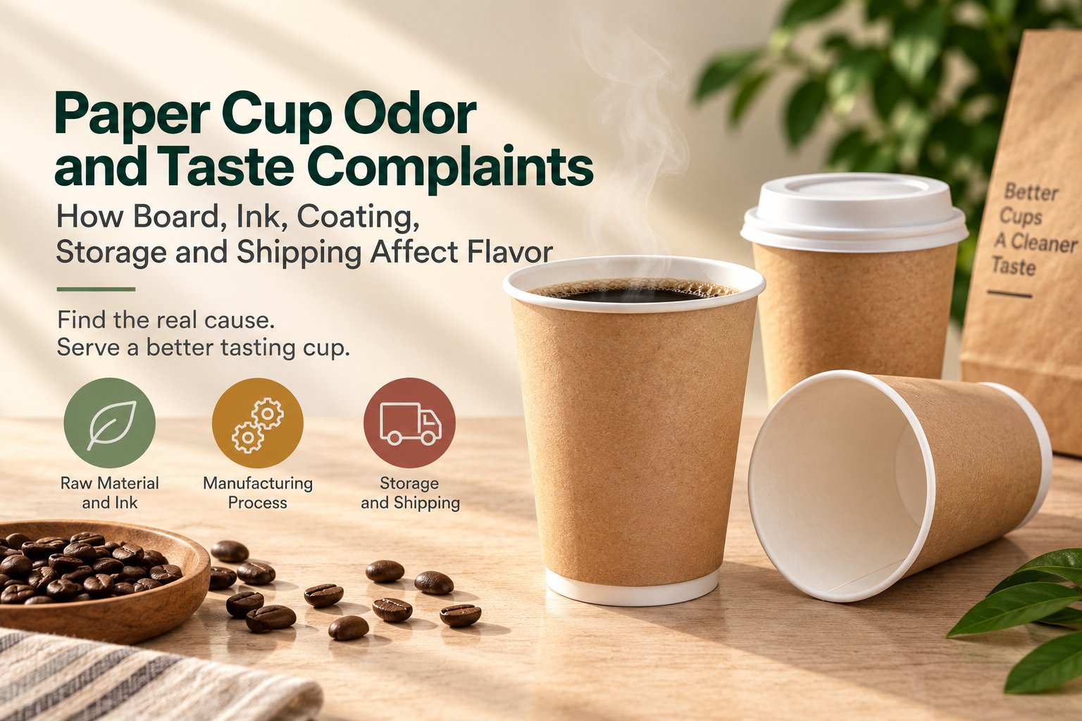 Featured image for the odor and taste article, with the headline 'Paper Cup Odor and Taste Complaints: How Board, Ink, Coating, Storage and Shipping Affect Flavor', the lede 'Find the real cause. Serve a better tasting cup.', and three labelled icons for Raw Material and Ink, Manufacturing Process, and Storage and Shipping, alongside a kraft coffee cup with steam, coffee beans, and a 'Better Cups A Cleaner Taste' kraft sign.